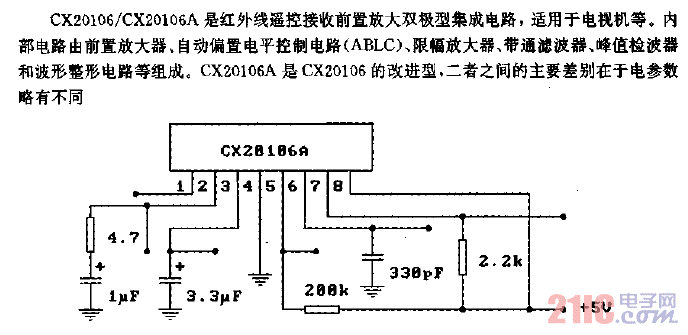 CX20106／CX20106A（电视机）红外线遥控接收前置放大电路-直流特性测试电路.gif
