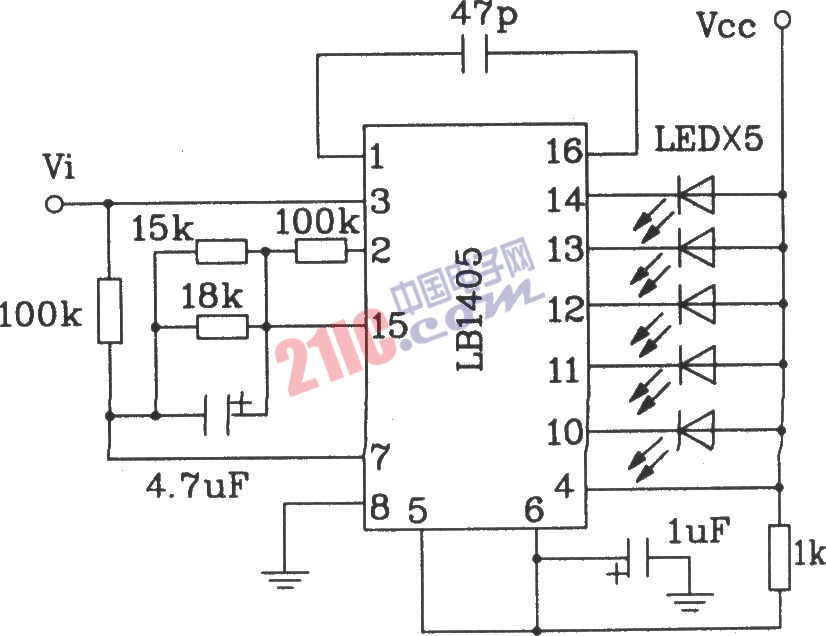 LB140五位LED电平指示驱动集成电路典型应用电路图