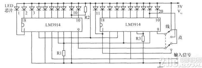 LM3914驱动20条LED发光柱电路图