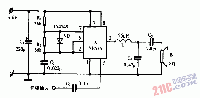 巧用NE555作音频功率放大器电路图