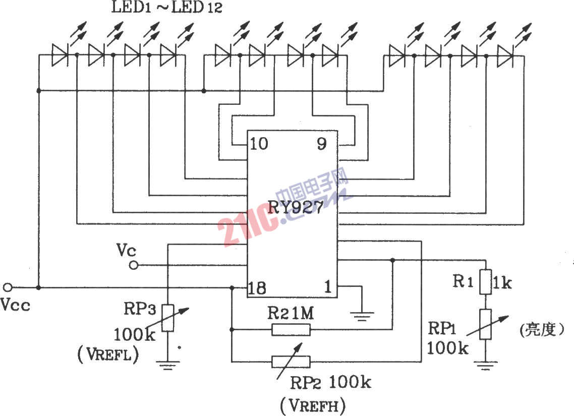RY927多段LED驱动线性显示器典型应用电路图