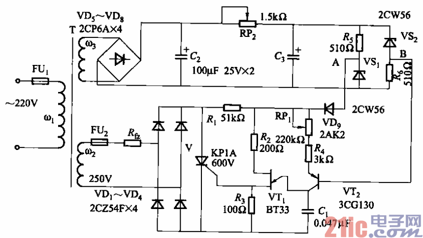 92.晶闸管控制的交流稳压电源电路之一.gif