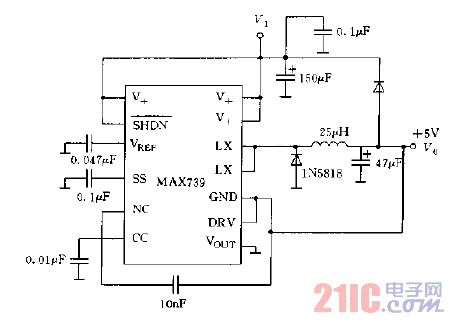 MAX739构成的降压型稳压器电路图.gif