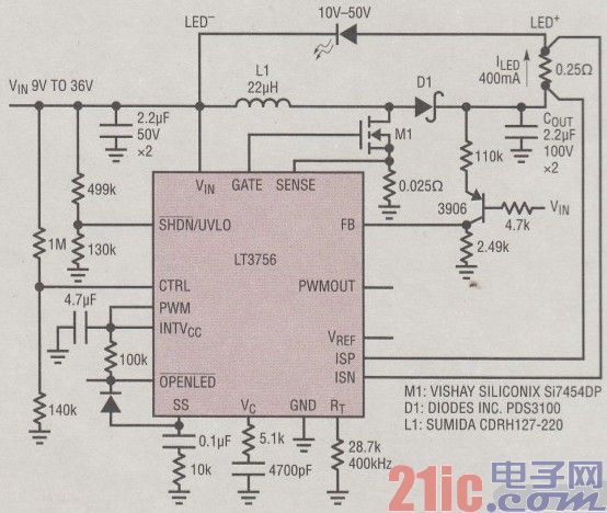 基于LT3756的降压-升压模式驱动器电路图