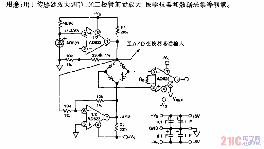 传感器与AD822型单电源、电源正负限输出、低功耗FET输入运算放大电路.gif