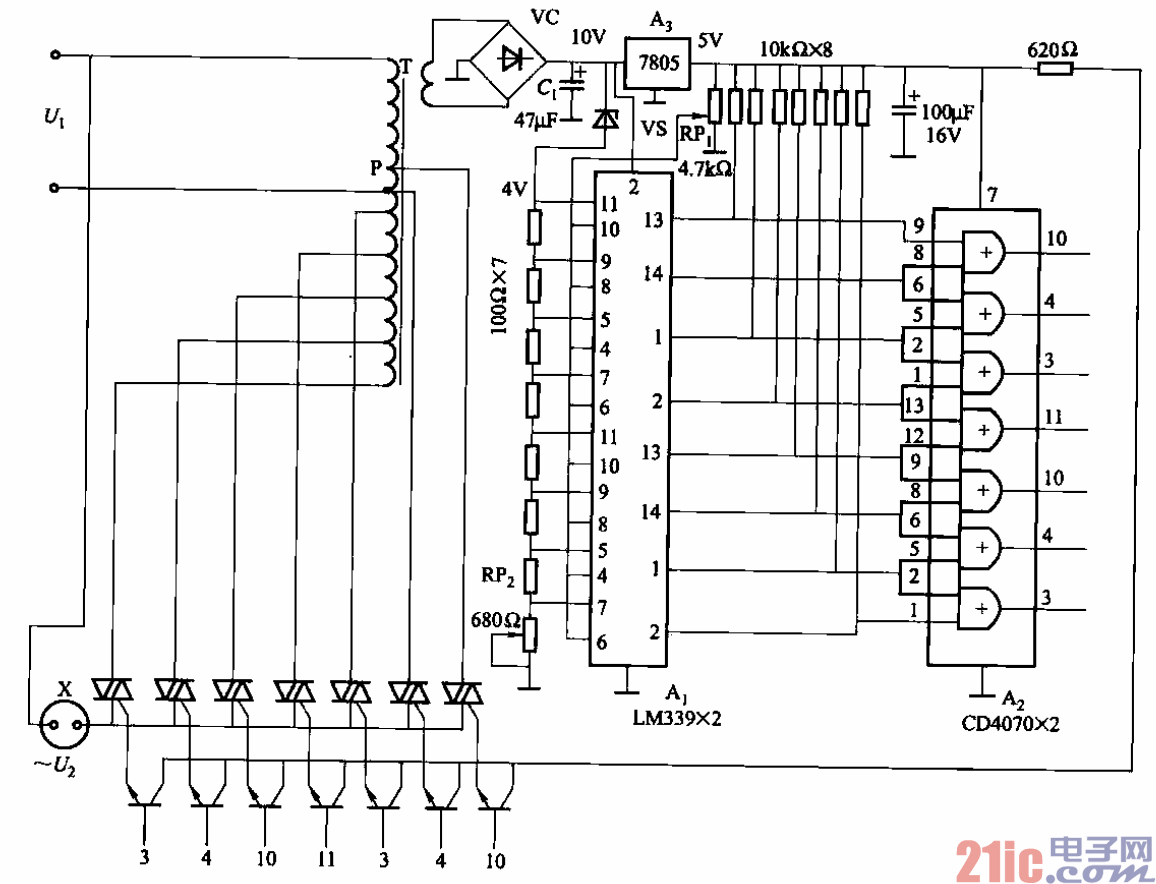 91.晶闸管换挡的自耦变压器式交流稳压电源电路.gif