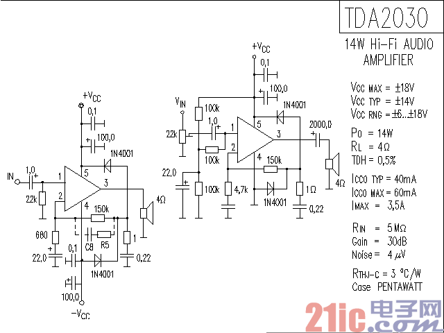 TDA2030 14W Hi-Fi 音频放大器电路图