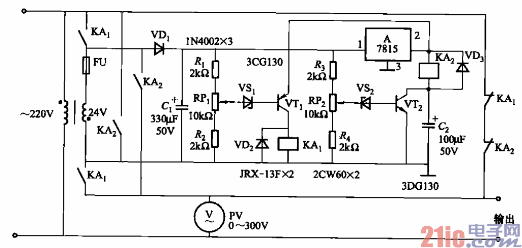 79.继电器控制的自耦变压器式交流稳压电源电路之一.gif