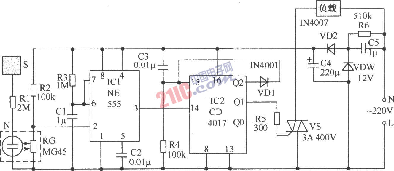 光电耦合器组成的触摸开关电路图