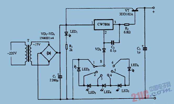 巧用CW7806作可调大电流稳压电源电路图