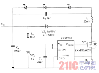 降压模式DC／DC转换器驱动LED电路图.gif