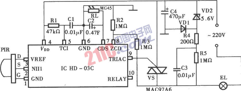 采用DH-03C热释电红外控制延时照明灯电路图