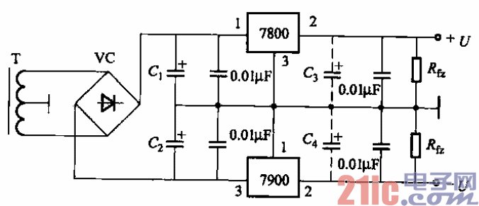 52.三端固定集成稳定器双极性稳压电源电路a.gif