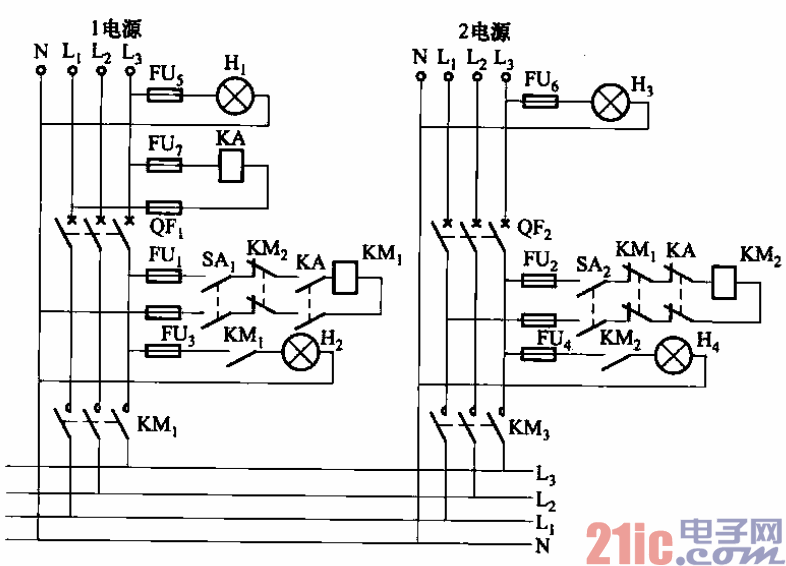 129.双路电源用接触器自投自复电路.gif