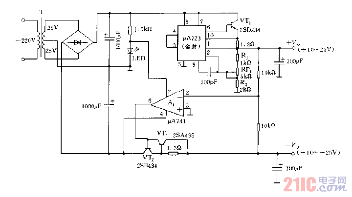 采用μA723构成的带保护的跟踪可调稳压电源电路图.gif
