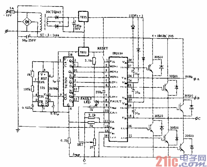 22.IR2130在三相固定频率输出的电源系统中应用接线图.gif