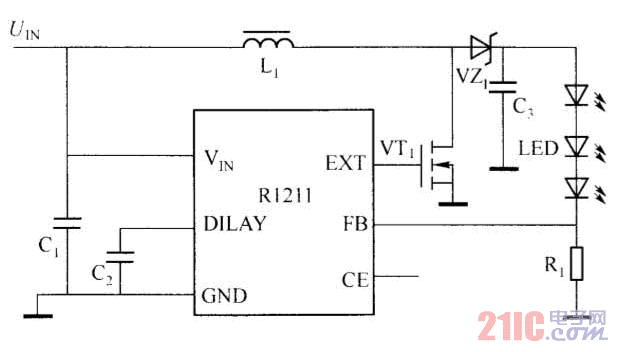 R1211驱动白光LED应用电路图.gif