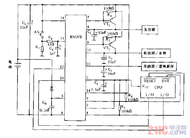 采用RS5VE构成的便携式电话机的多功能电源电路图.gif