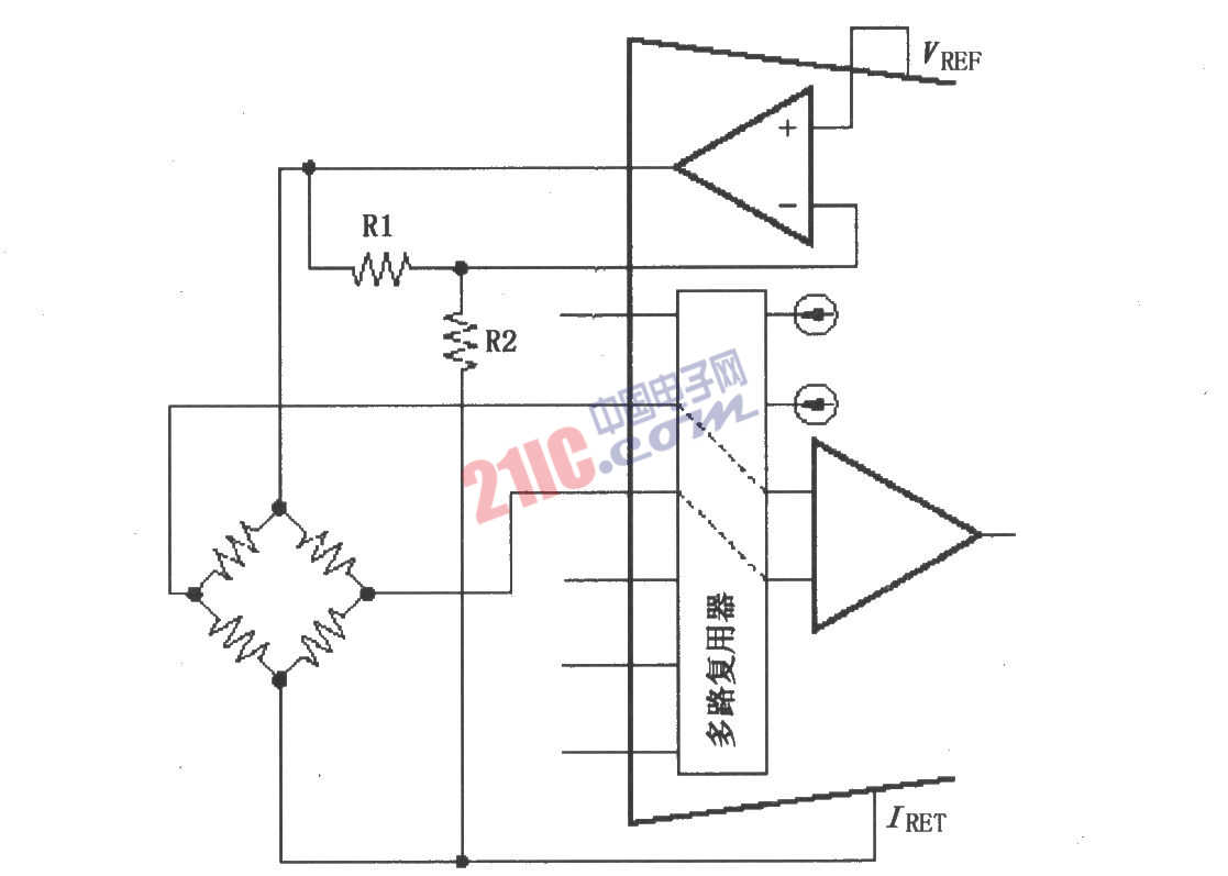 XTR108由VREF驱动激励的电桥电路图