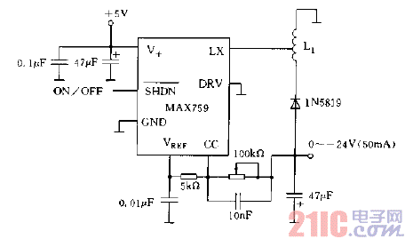 MAX759构成LCD的-24V供电电源电路图.gif
