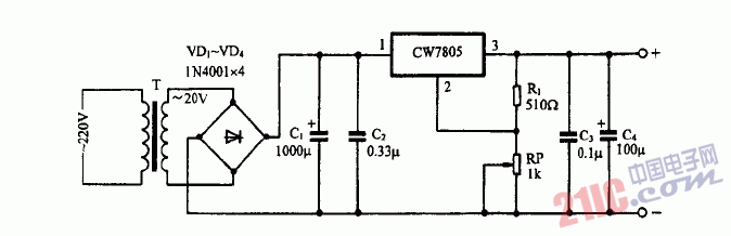 巧用CW7805作5-15V可调电源电路图
