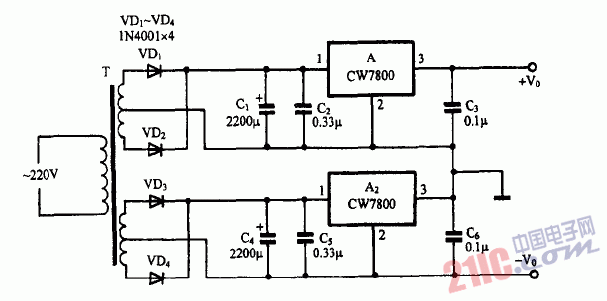 巧用CW7800作正负双输出电源电路图