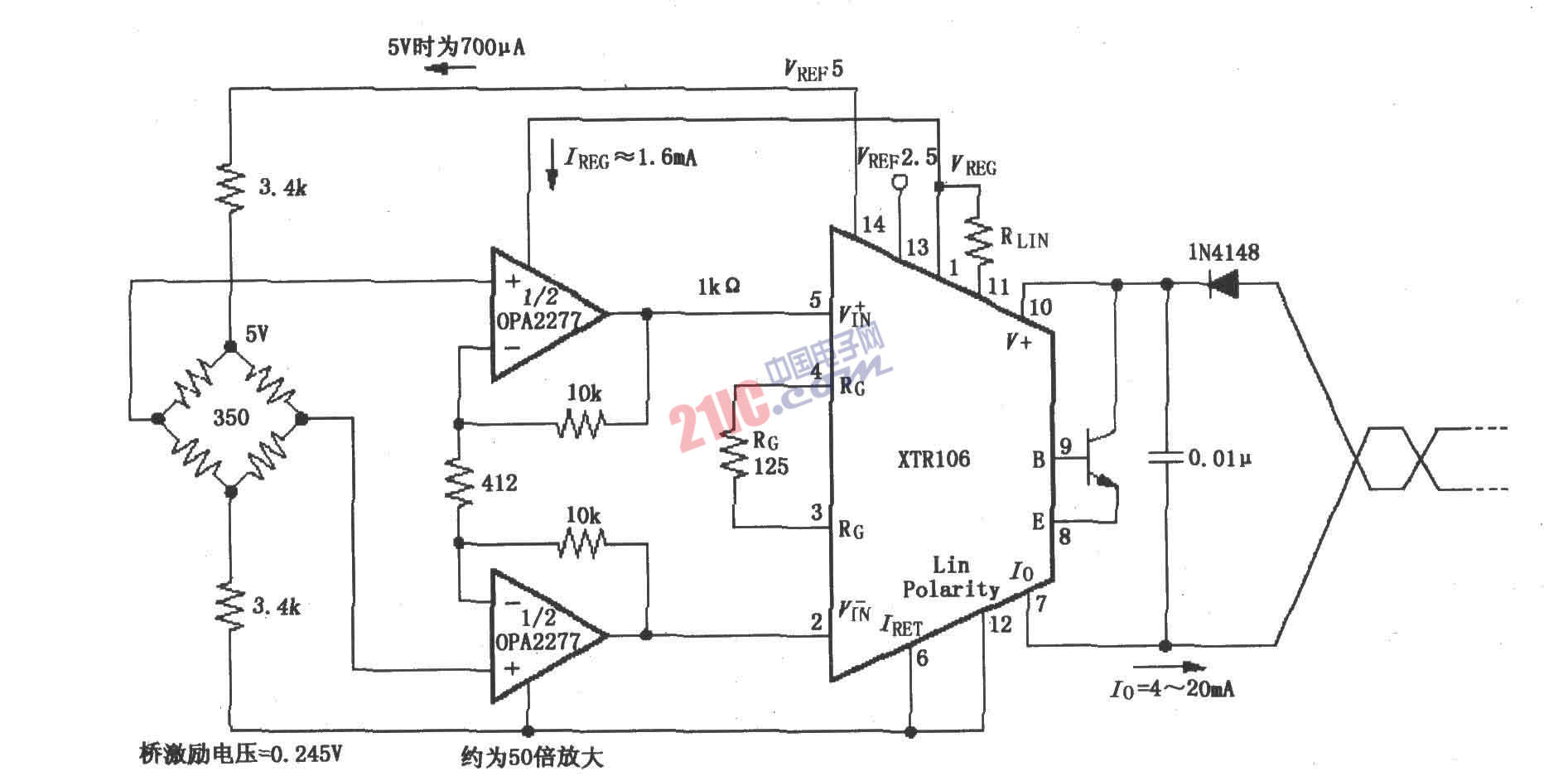 具有50倍预放大的电桥电路图(XTR106)