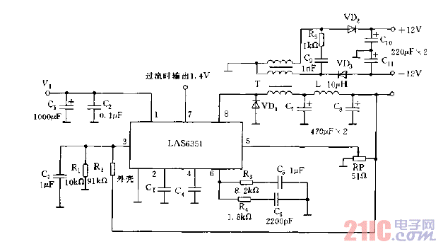 采用LAS6351构成多路输出开关稳压电源电路图.gif