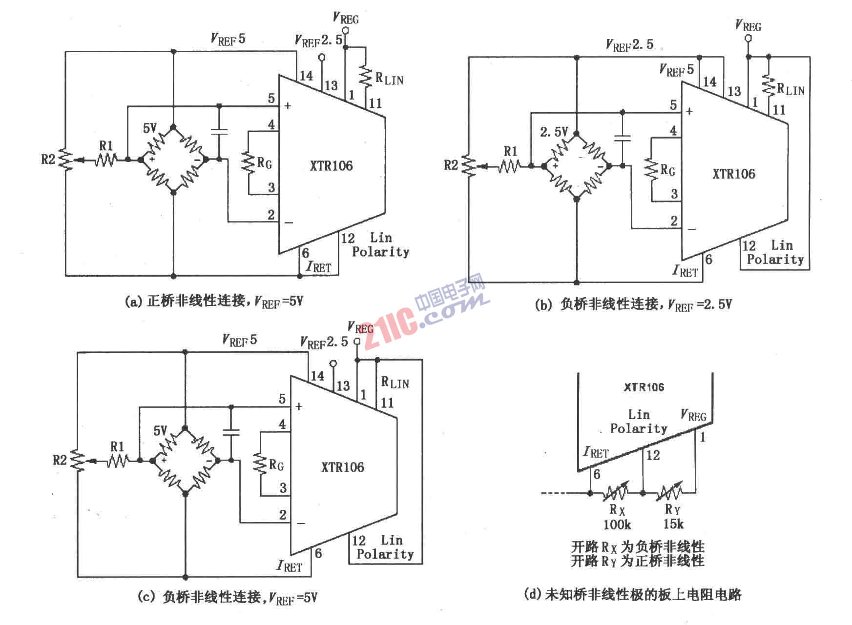 XTR106校正正(或负)电桥非线性的连接电路图