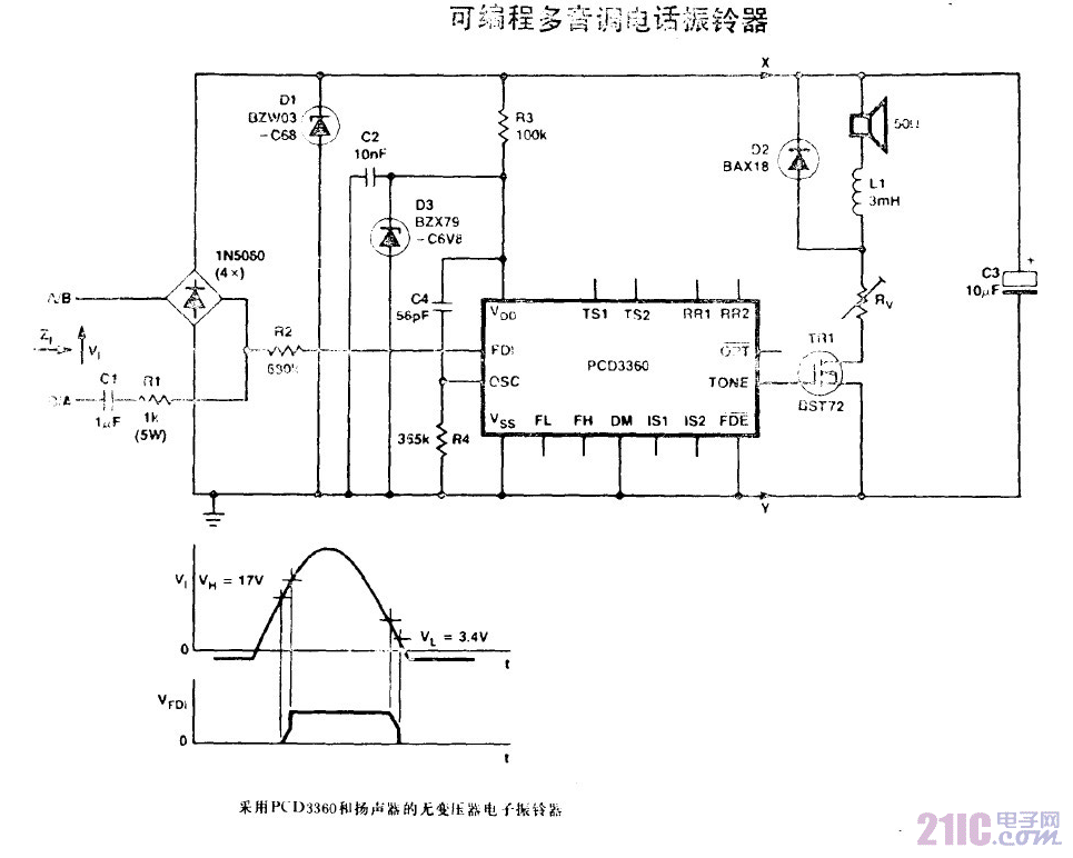 可编程多音调电话振铃器电路图.gif