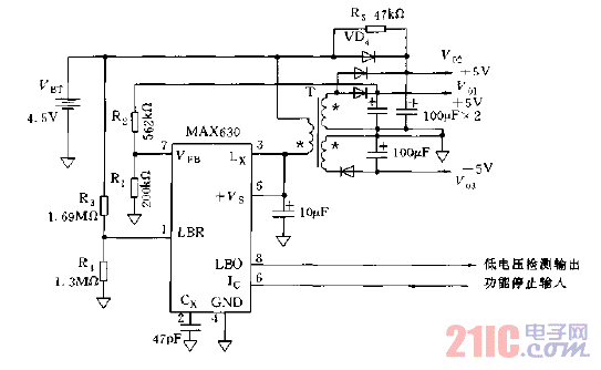采用回扫变换器构成的微处理机电源电路图.gif