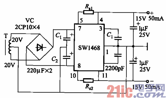 66.采用SW1468稳压块的双极性稳压电源电路之一.gif