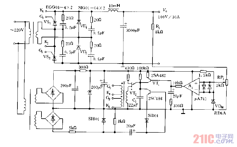 采用晶闸管构成的输出100V，30A的稳压电源电路图.gif