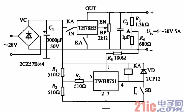 109.TH78H5可调集成稳压器电源的过电流保护电路.gif