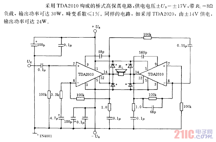 具有正负电源的30W桥式高保真放大电路.gif