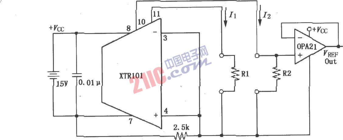 由单电源供电的精密双电流源电路图(XTR101)