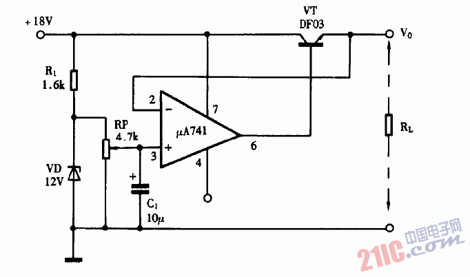 巧用UA741作串联稳压电源电路图
