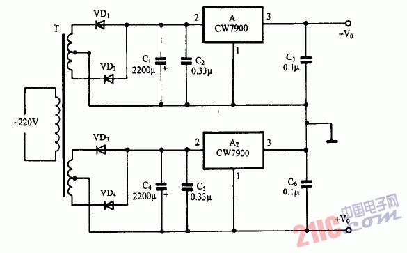 巧用CW7900作正负双输出稳压电源电路图