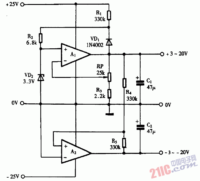 巧用LM324作对称可调电源电路图