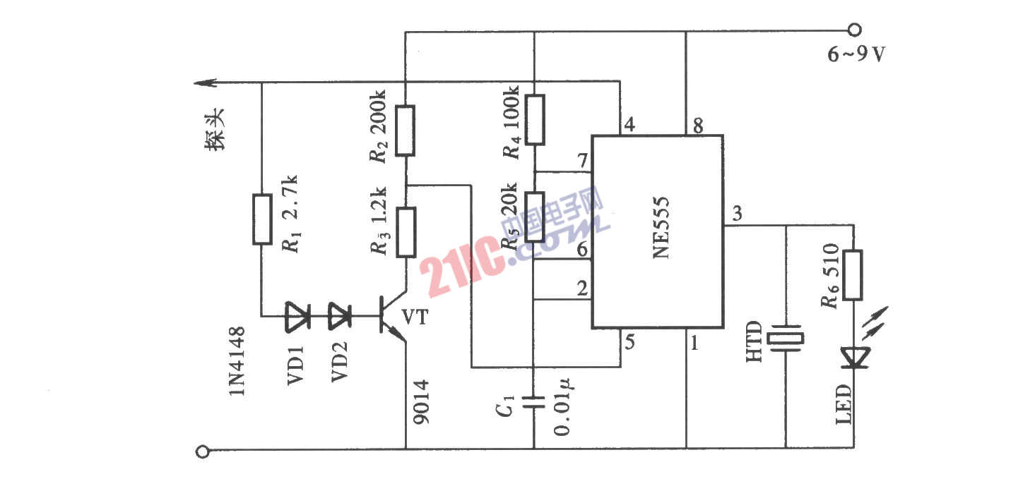 用NE555电路组成的声光型逻辑笔