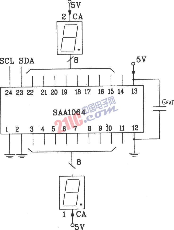 SAA1064串行I2C总线LED显示驱动集成电路静态驱动接口电路图