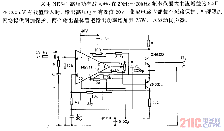 具有限流作用的75W音频放大器电路.gif