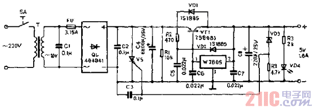 扩流过压保护的5V稳压电源电路图.gif