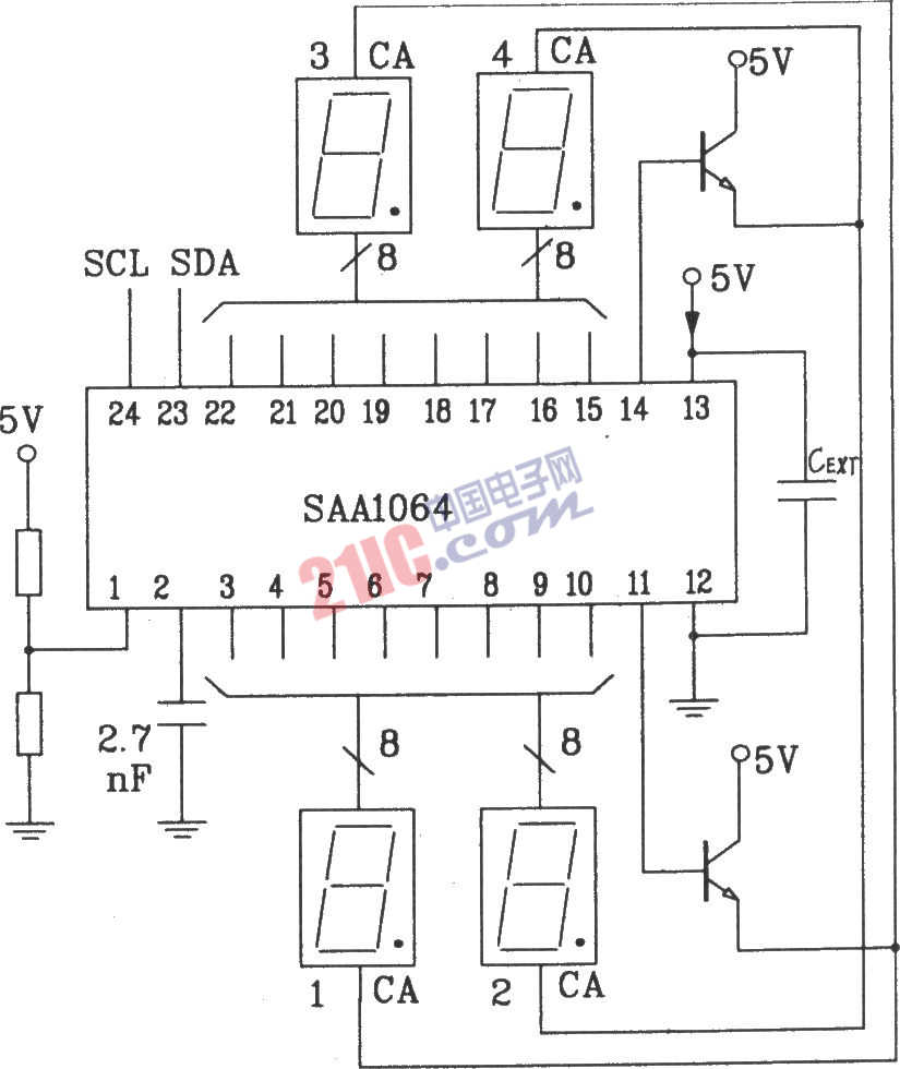 SAA1064串行I2C总线LED显示驱动集成电路动态驱动接口电路图