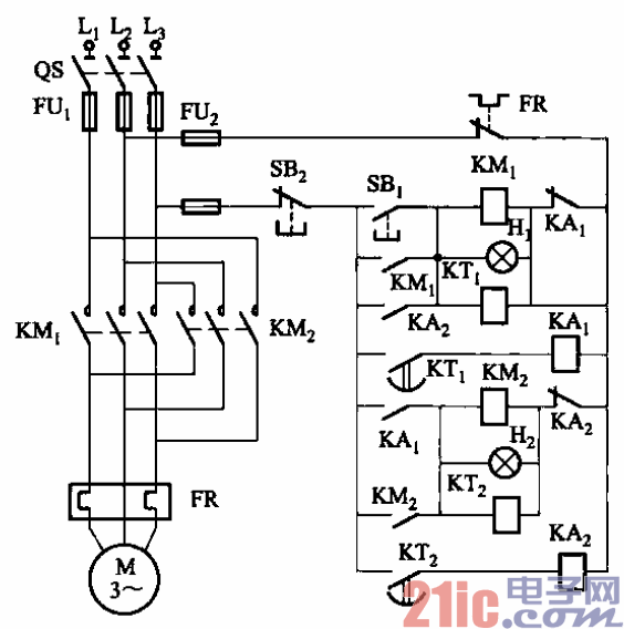 67.时间继电器控制电动机定时正反转电路之一.gif