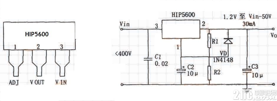用高压线性稳压器HIP5600构成的小功率无变压器稳压电源电路图