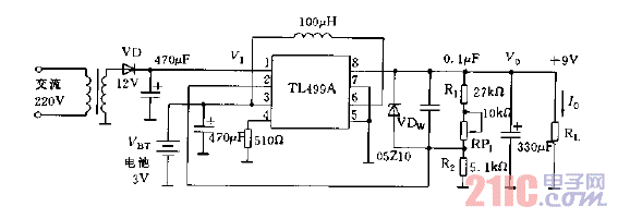 采用TL499A构成的电池后备电源电路图.gif