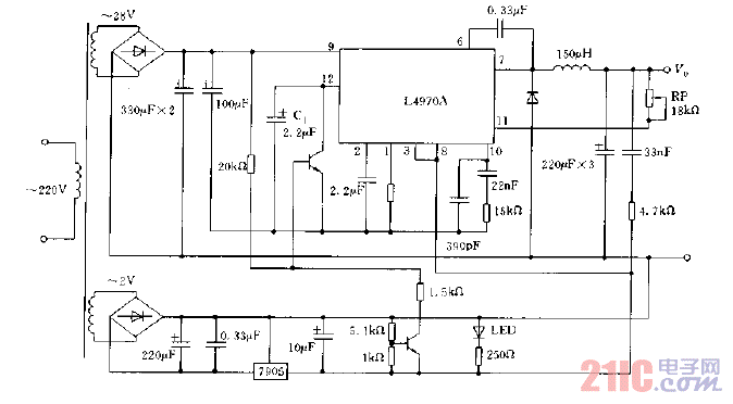 采用L4970A构成的可调开关电源电路图.gif