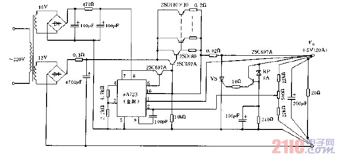 采用μA723构成的输出20A，5V稳压电源电路图.gif