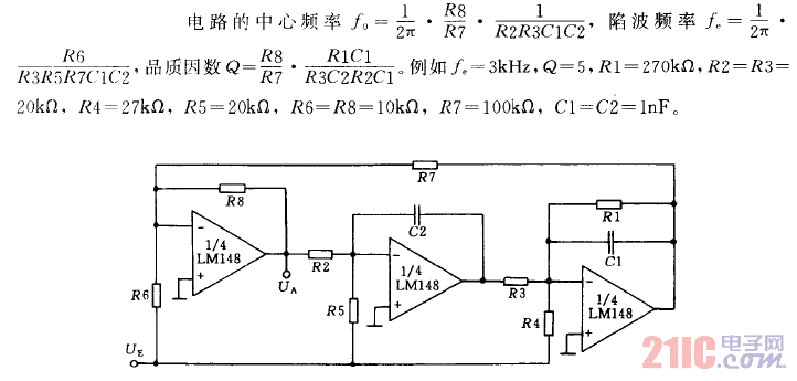 采用三个运算放大器的陷波滤波器电路.gif